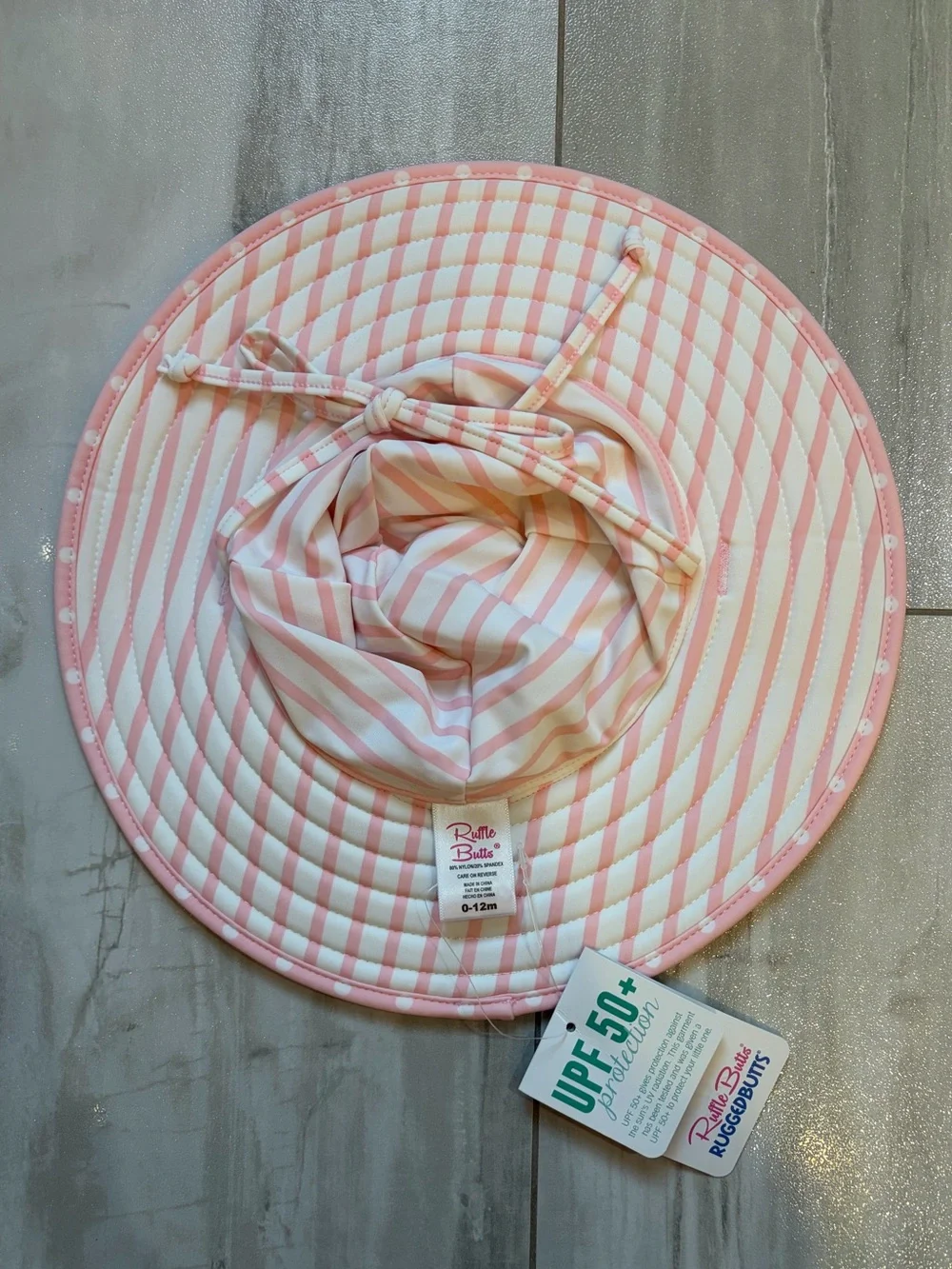 NWT RuffleButts Pink & White Polka Dot UV Protection Sun & Swim Hat Girls 0-12M